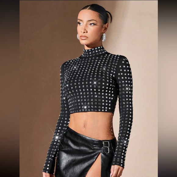 Rebellious Rose Tops - Mock Neck Rhinestone Crop Tee